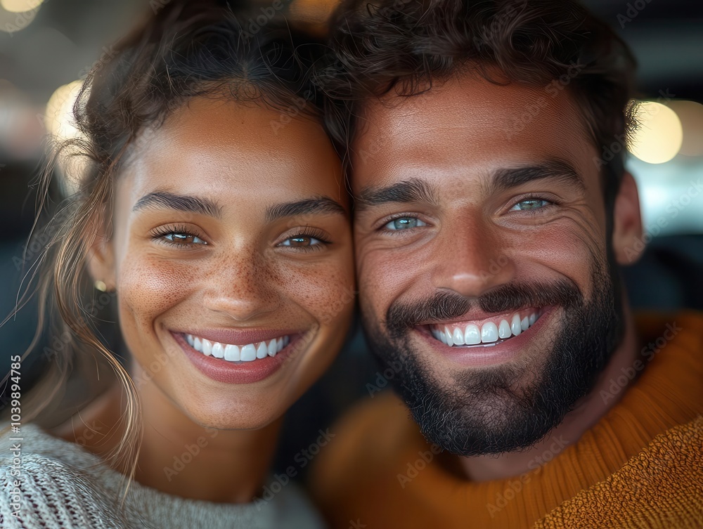 a happy multiracial couple beams with excitement as they explore their new car in a showroom, symbolizing joy in new beginnings and shared experiences a happy multiracial couple beams with excitement as they explore their new car in a showroom, symbolizing joy in new beginnings and shared experiences