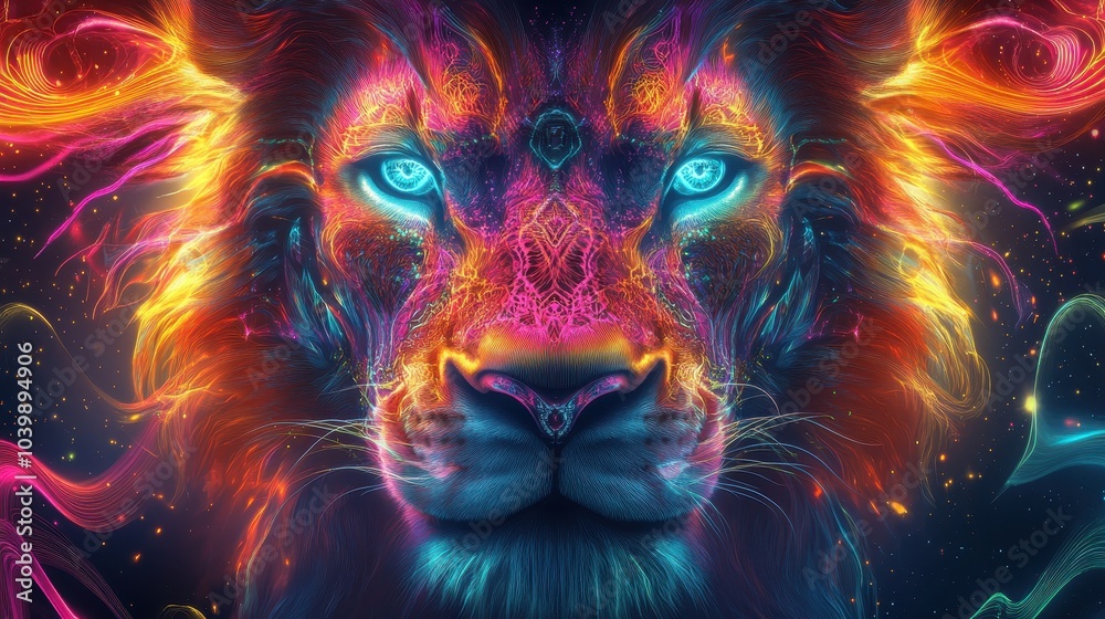 Fototapeta premium Vibrant Neon Lion Portrait with Glowing Eyes and Abstract Patterns in a Cosmic Fantasy Setting