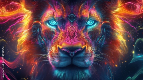 Vibrant Neon Lion Portrait with Glowing Eyes and Abstract Patterns in a Cosmic Fantasy Setting