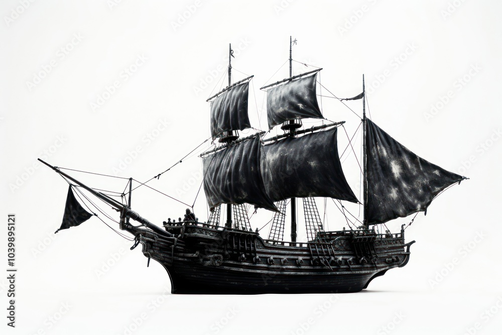 Fototapeta premium A magical black pirate ship watercraft sailboat vehicle.