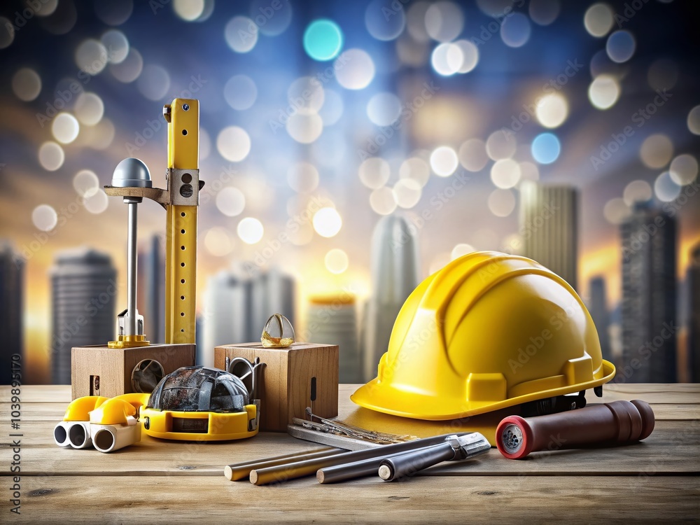 Fototapeta premium Construction Tools and Building Levels Composition with Bokeh Effect on Grey Background for Architectural Design and