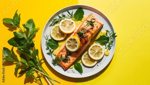 Grilled Salmon with Lemon and Herbs on Vibrant Yellow Background