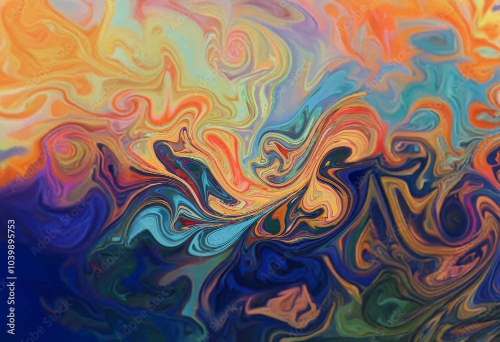 Abstract swirling liquid design with blue, orange, yellow, and green hues. Abstract swirling liquid design with blue, orange, yellow, and green hues.
