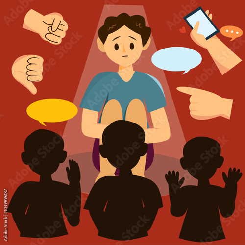 Poster design with the theme of bullying in a friendship environment, illustrating a boy character with a scared expression