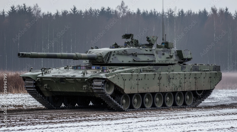 A modern military tank with a large cannon and tracks, parked in a snowy field. A modern military tank with a large cannon and tracks, parked in a snowy field.