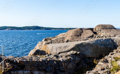 Obraz na płótnie Fjord Landscape with Rocks and Sea in Sandefjord, Norway w salonie