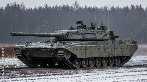 A modern military tank with a large cannon and tracks, parked in a snowy field.