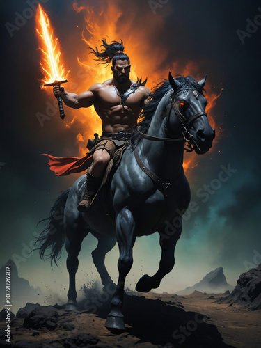 Powerful fantasy warrior riding horse and holding glowing sword