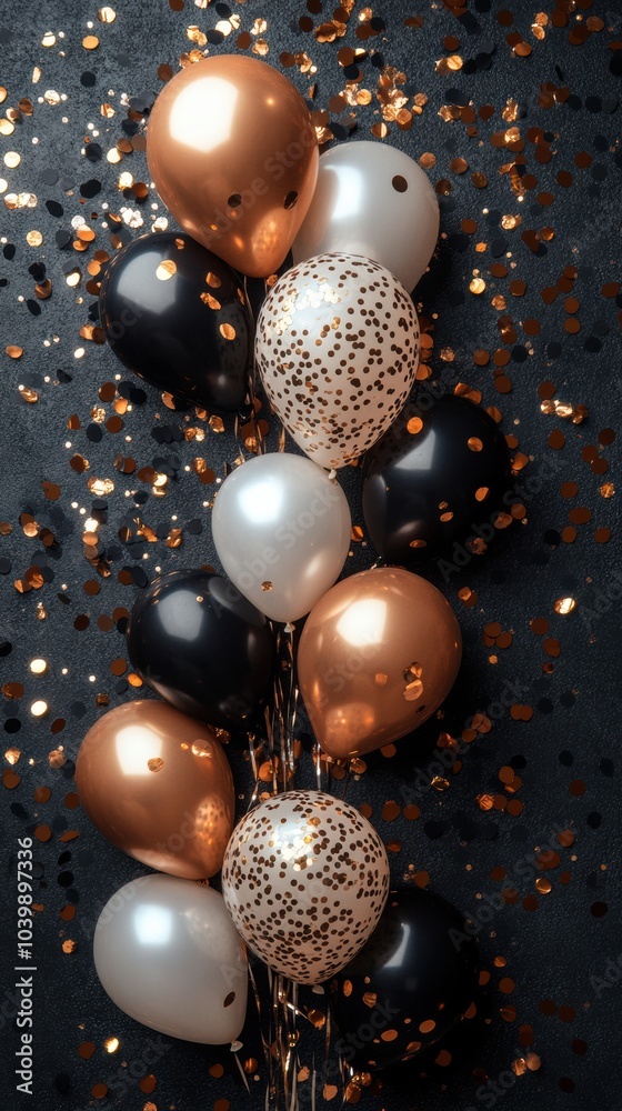 Elegant Black, Gold, and White Balloons with Confetti Background Elegant Black, Gold, and White Balloons with Confetti Background