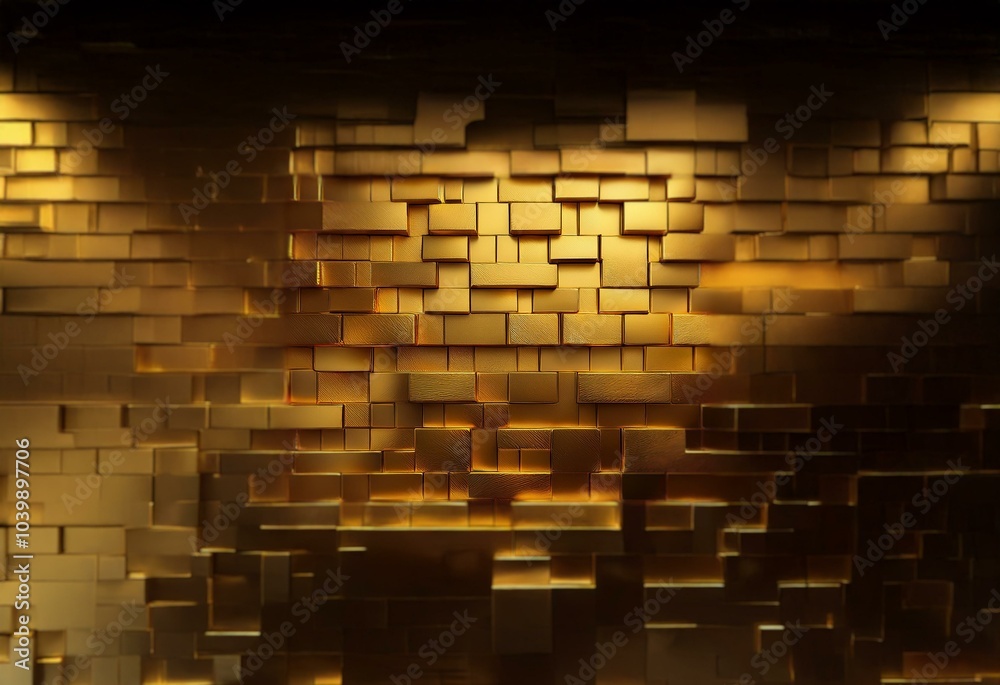 A gold-toned wall of offset square blocks lit from above. A gold-toned wall of offset square blocks lit from above.