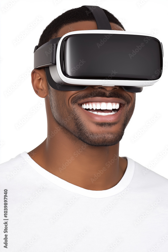 A man enjoying a virtual reality experience while smiling in a bright environment A man enjoying a virtual reality experience while smiling in a bright environment