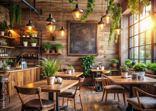 Cozy Cafe Interior with Rustic Wooden Decor and Chalkboard Menu for Inviting Atmosphere