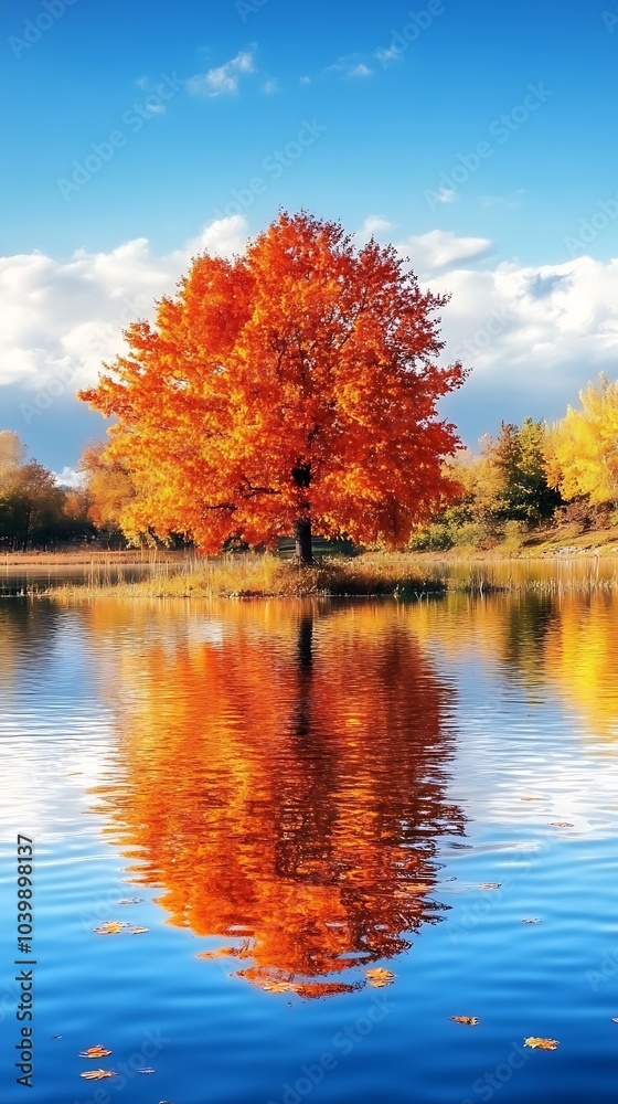 Quiet lake reflects vibrant, colorful trees under a serene sky. Quiet lake reflects vibrant, colorful trees under a serene sky.