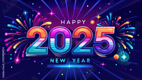 Happy new year 2025 postcard with neon purple lights and fireworks in the background. Vector illustration