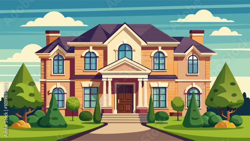 Stylish detached house in the suburbs, landscaped garden in the yard.  Vector cartoon illustration