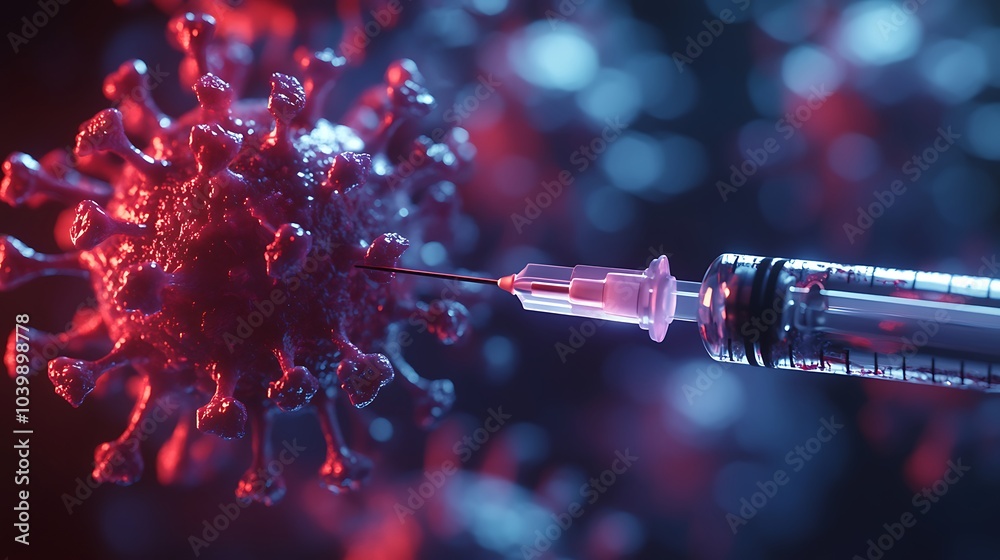 Syringe injecting into virus, symbolizing COVID-19 vaccination process visually. Syringe injecting into virus, symbolizing COVID-19 vaccination process visually.