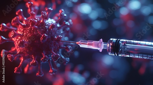 Syringe injecting into virus, symbolizing COVID-19 vaccination process visually.