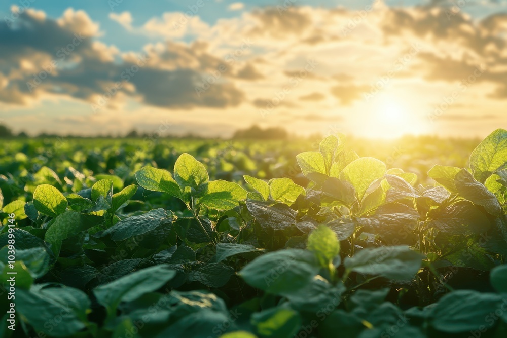 Sunlit green fields stretching towards the horizon at sunset with vibrant clouds overhead Sunlit green fields stretching towards the horizon at sunset with vibrant clouds overhead