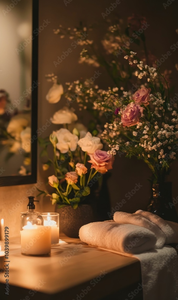 Candles, flowers, towels, and a bathroom. Candles, flowers, towels, and a bathroom.