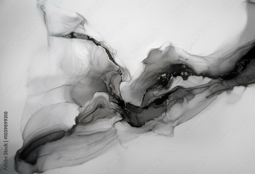 Abstract black ink flowing on white canvas with golden accents. Abstract black ink flowing on white canvas with golden accents.