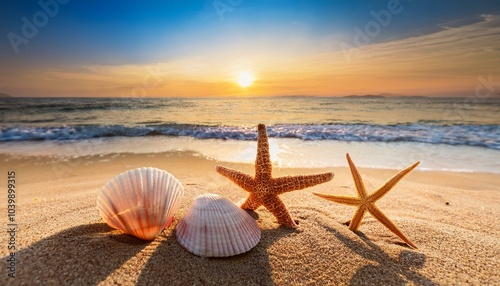 Sunset Serenity: A Starfish and Three Seashells on the Sand