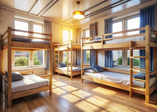 Cozy Hostel Dormitory with Wooden Bunk Beds in a Clean Room Ideal for Travelers