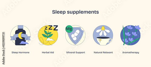 Sleep supplements depicted with icons like a moon bottle, herbal leaves, and a tea cup, conveying restfulness. Neubrutalism style.