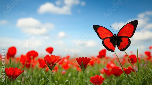 Colorful butterfly on a vibrant red flower field under a blue sky.
