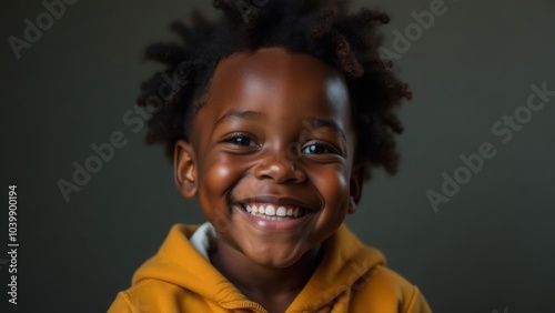 Joyful child with curly hair smiling in yellow hoodie against dark background