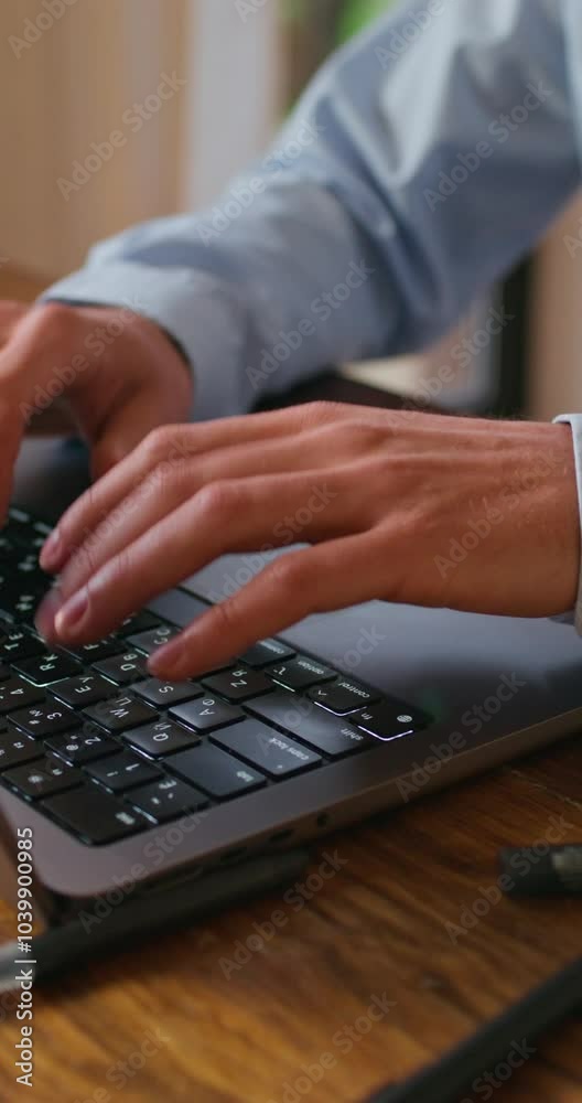 A man uses a laptop sitting at the kitchen table. Close-up of his hands, an unrecognizable person A man uses a laptop sitting at the kitchen table. Close-up of his hands, an unrecognizable person