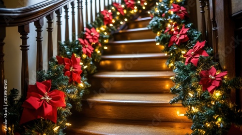 Festive Christmas Staircase Decorated with Garlands and Red Bows