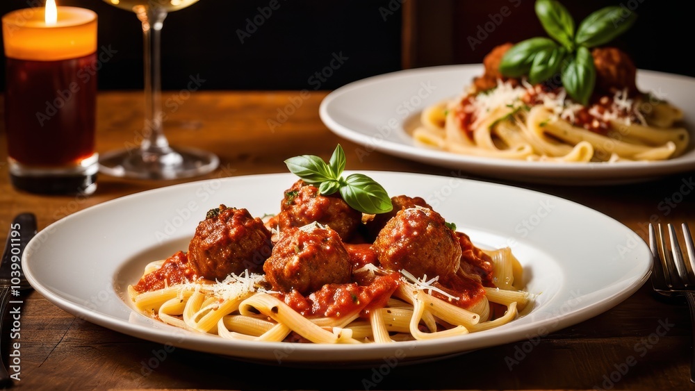 two plates of pasta and meat with glass wine two plates of pasta and meat with glass wine