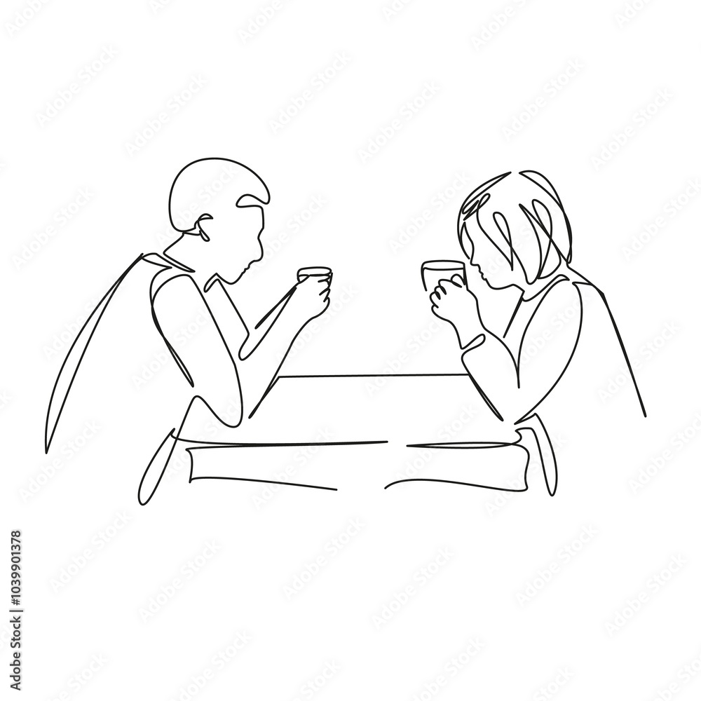 One continuous single drawing line art flat doodle person, cafe, man, woman, drink, hot drink, couple, happy, young, adult. Isolated image hand draw contour on a white background One continuous single drawing line art flat doodle person, cafe, man, woman, drink, hot drink, couple, happy, young, adult. Isolated image hand draw contour on a white background
