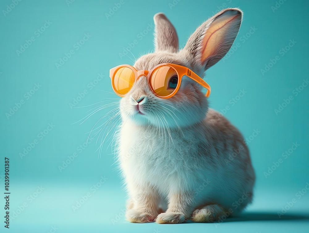 a whimsical rabbit wearing trendy orange sunglasses poses playfully against a soft pastel blue background, inviting smiles and capturing a joyful, carefree spirit
