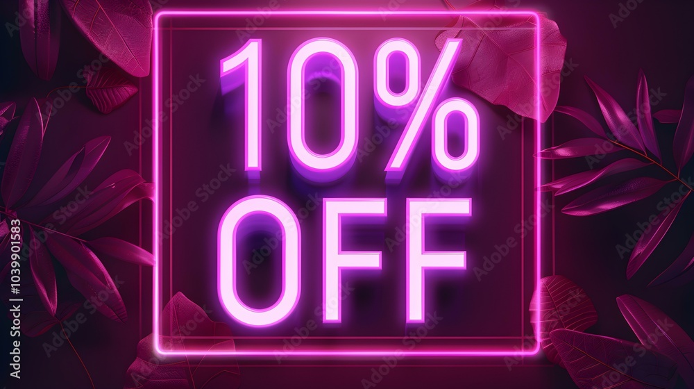 Glowing Pink '10% OFF' Neon Sign in a Luxurious Setting Glowing Pink '10% OFF' Neon Sign in a Luxurious Setting