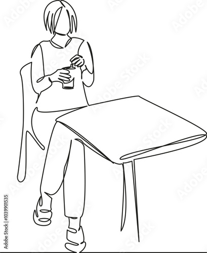 One continuous single drawing line art flat doodle person, cafe, woman, lemonade, lifestyle, drink, summer, drinking, table. Isolated image hand draw contour on a white background