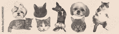 Vector collage set with funny dogs and cats. Vintage halftone stipple effect.