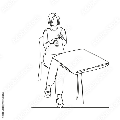 One continuous single drawing line art flat doodle person, cafe, woman, lemonade, lifestyle, drink, summer, drinking, table. Isolated image hand draw contour on a white background