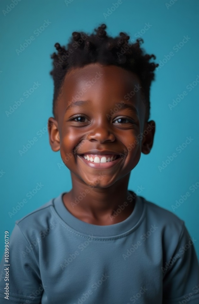 Joyful child smiling in blue shirt against a bright teal background Joyful child smiling in blue shirt against a bright teal background