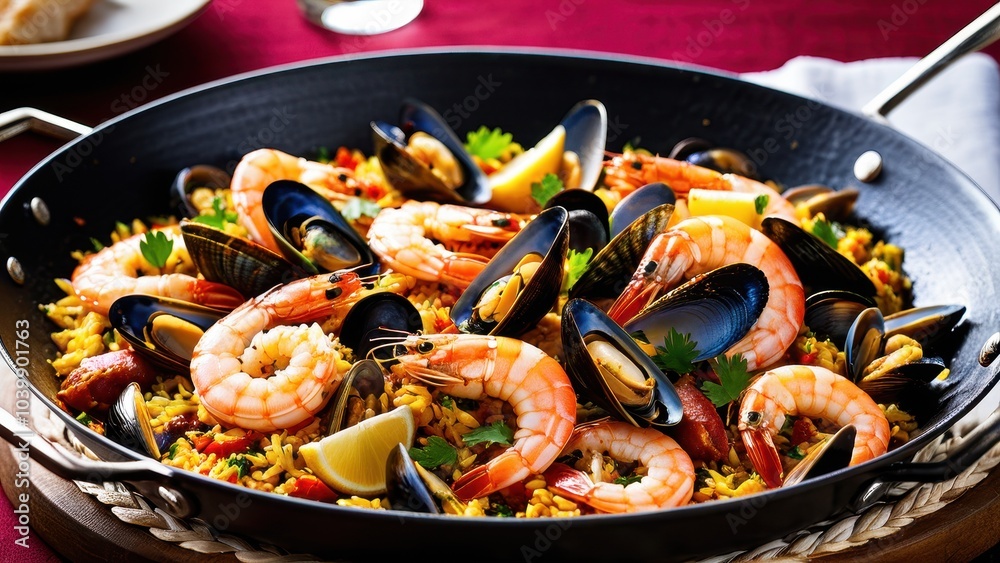 pan of seafood and rice with fork pan of seafood and rice with fork