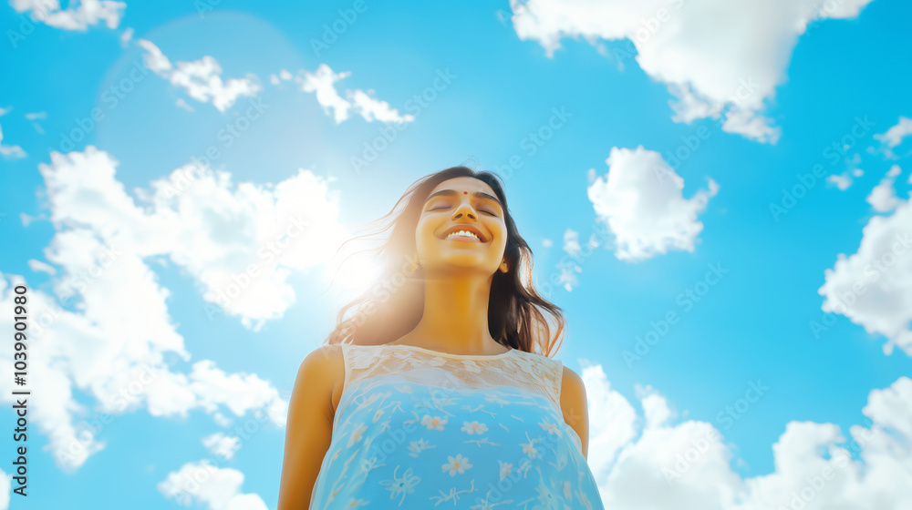 Freedom and setting free concept. A happy Indian woman smiles against blue sky and sunlight. Break and set free Freedom and setting free concept. A happy Indian woman smiles against blue sky and sunlight. Break and set free