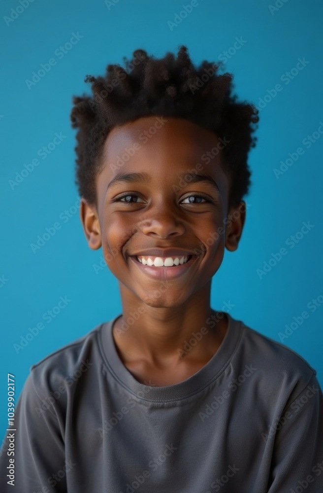 Smiling child with curly hair against blue background