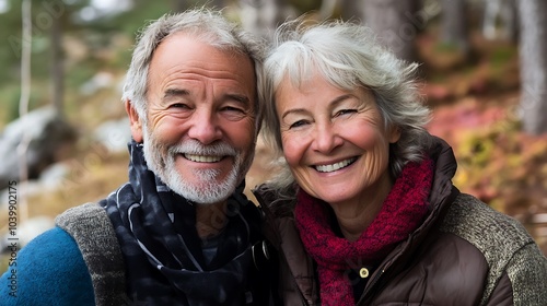 A man and a woman are smiling at the camera. They are both wearing warm clothing, and the woman is wearing a red scarf. Scene is happy and warm