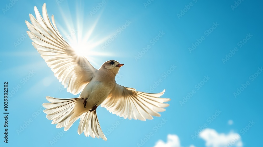 Freedom and setting free concept. A bird spreading its white wings out to freely fly into the blue sky. Break and set free Freedom and setting free concept. A bird spreading its white wings out to freely fly into the blue sky. Break and set free