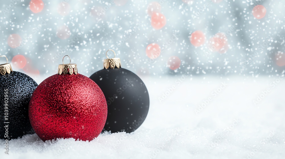 Red and black Christmas ornaments on snow, 3D illustration Red and black Christmas ornaments on snow, 3D illustration