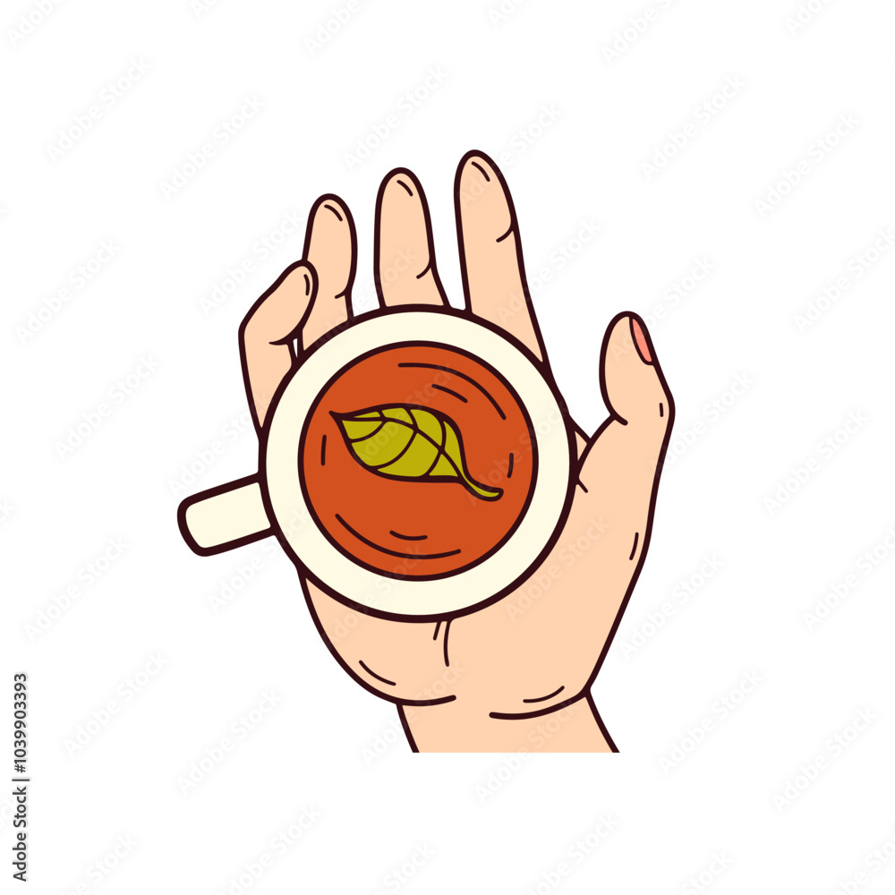 Tea in hand doodle color illustration. Cozy tea ceremony icon. Hot drink, leaves. Autumn element. Vector doodle illustration. Tea in hand doodle color illustration. Cozy tea ceremony icon. Hot drink, leaves. Autumn element. Vector doodle illustration.