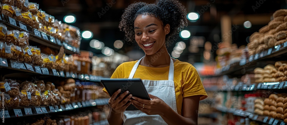A smiling woman in an apron is using her tablet to sigma up stock, with shelves of goods behind her at the grocery store. A smiling woman in an apron is using her tablet to sigma up stock, with shelves of goods behind her at the grocery store.