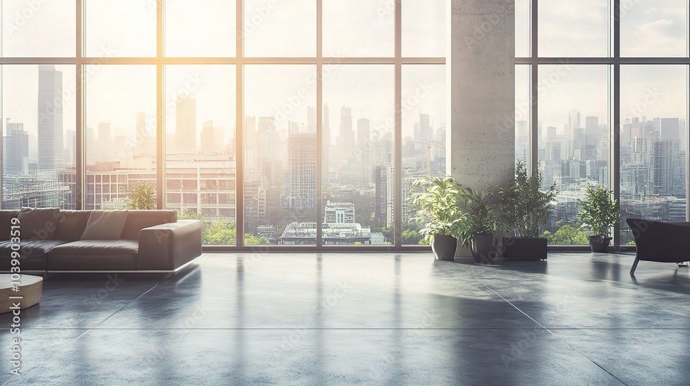 Fototapeta premium Modern Interior with City View and Natural Light
