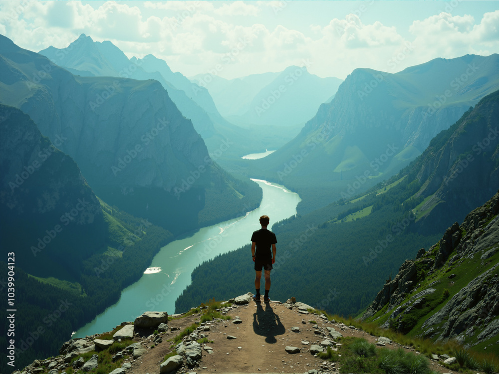 A person standing on a mountain, overlooking a valley A person standing on a mountain, overlooking a valley