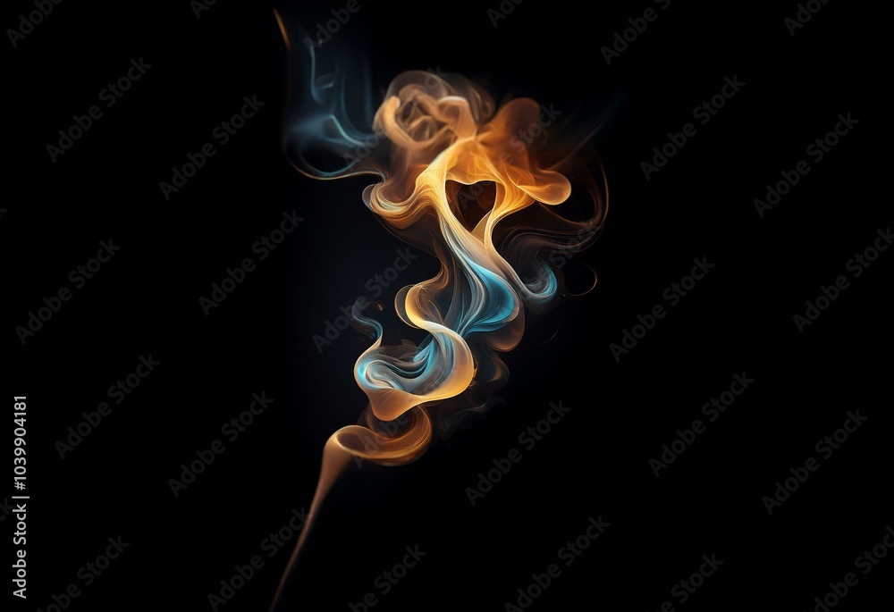 Abstract swirling shapes of blue and orange hues against a black background. Abstract swirling shapes of blue and orange hues against a black background.